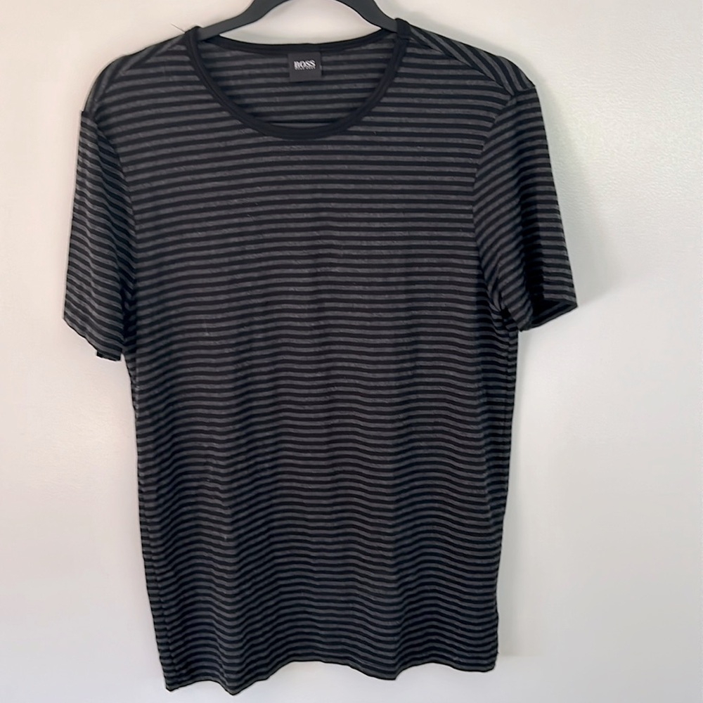 HUGO BOSS short sleeved grey and black striped short sleeve shirt.